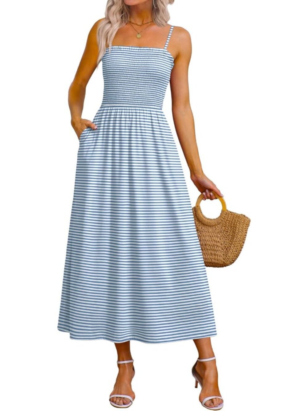 Women's Blue Striped Spaghetti Strap Smocked Casual Boho Beach Long Maxi Dresses